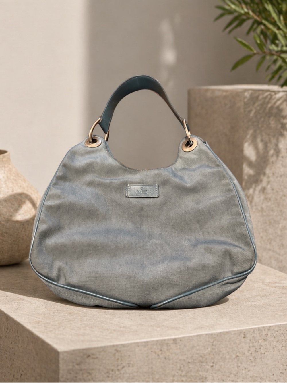 Gucci Light Blue Nylon Canvas Shoulder Bag with Silver Hardware 244342 204046